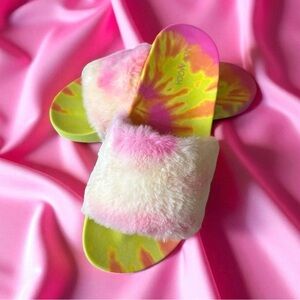 TOP Moda Pink and Yellow Fuzzy Slide-on Slippers